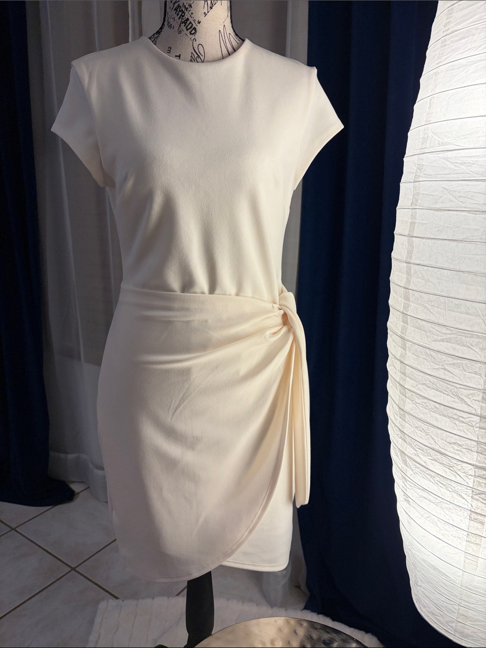 Express Cream Knot-Waist Cap-Sleeve Mini Dress